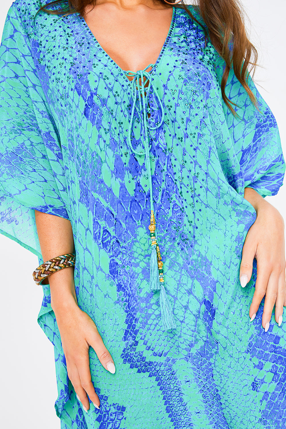 Kaa Tassel Kaftan in Turquoise Python