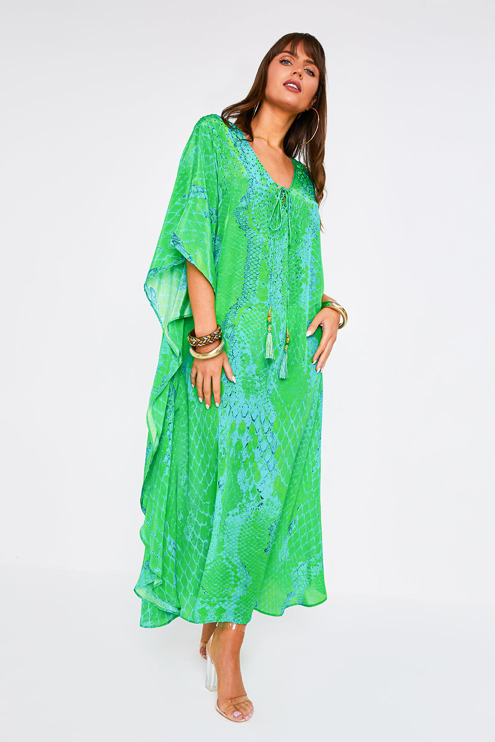 Kaa Tassel Maxi Kaftan in Lime Python