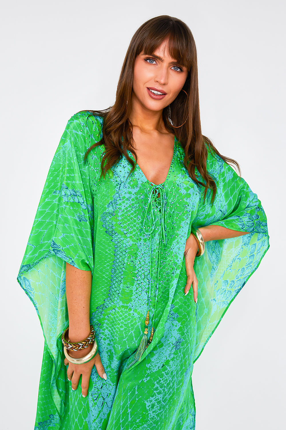 Kaa Tassel Maxi Kaftan in Lime Python