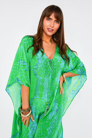 Kaa Tassel Maxi Kaftan in Lime Python
