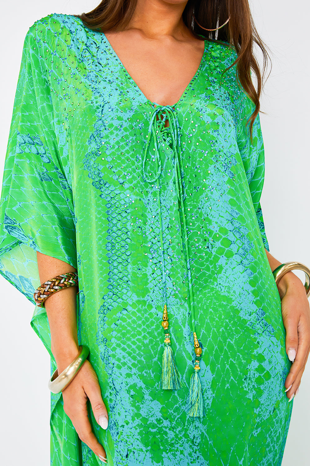 Kaa Tassel Maxi Kaftan in Lime Python