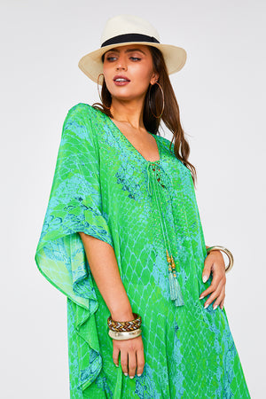 Kaa Tassel Kaftan in Lime Python