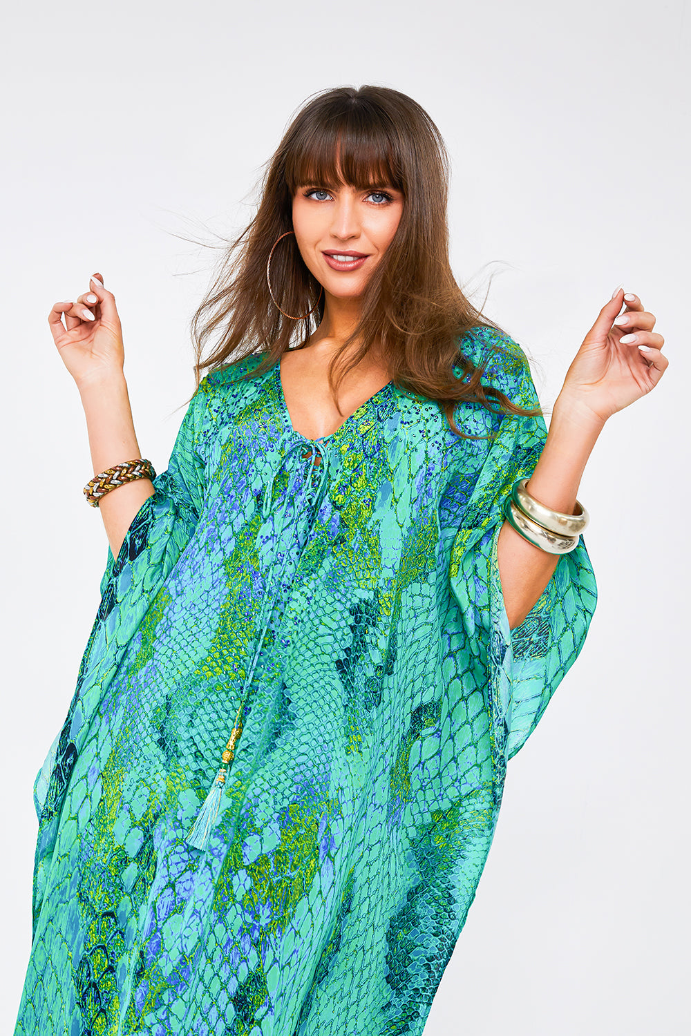 Kaa Tassel Maxi Kaftan in Ocean Python