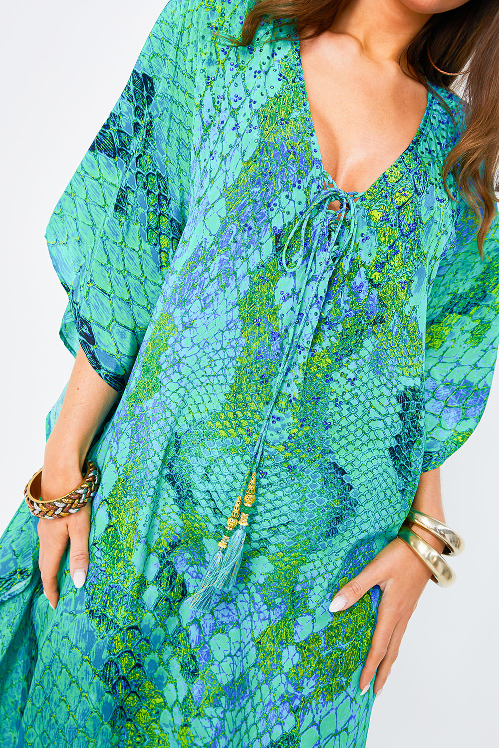 Kaa Tassel Maxi Kaftan in Ocean Python