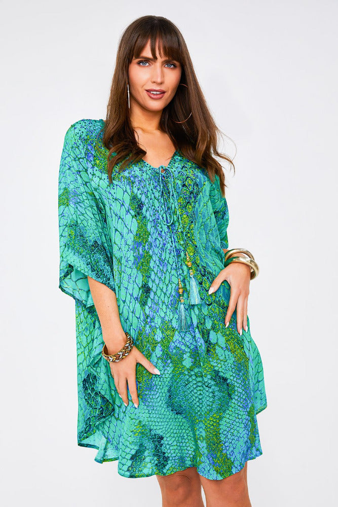 Kaa Tassel Kaftan in Ocean Python