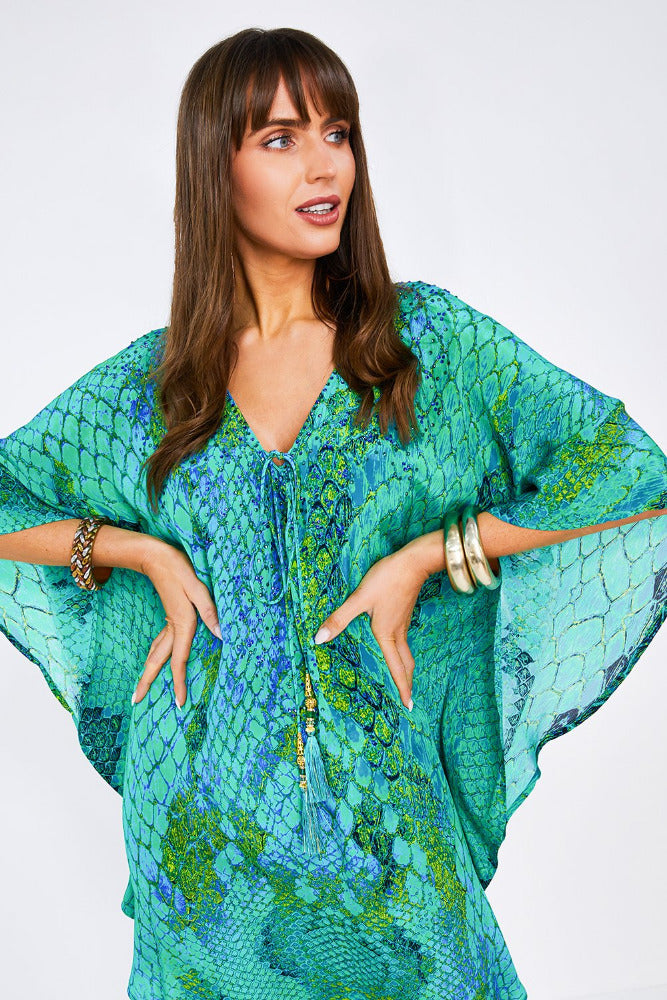 Kaa Tassel Kaftan in Ocean Python