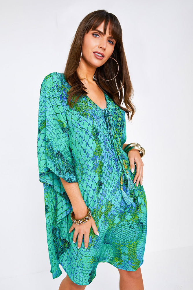 Kaa Tassel Kaftan in Ocean Python