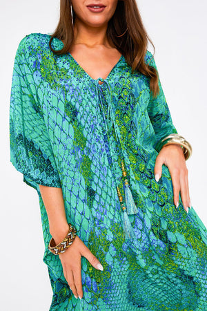 Kaa Tassel Kaftan in Ocean Python