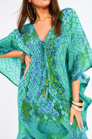 Kaa Tassel Kaftan in Ocean Python