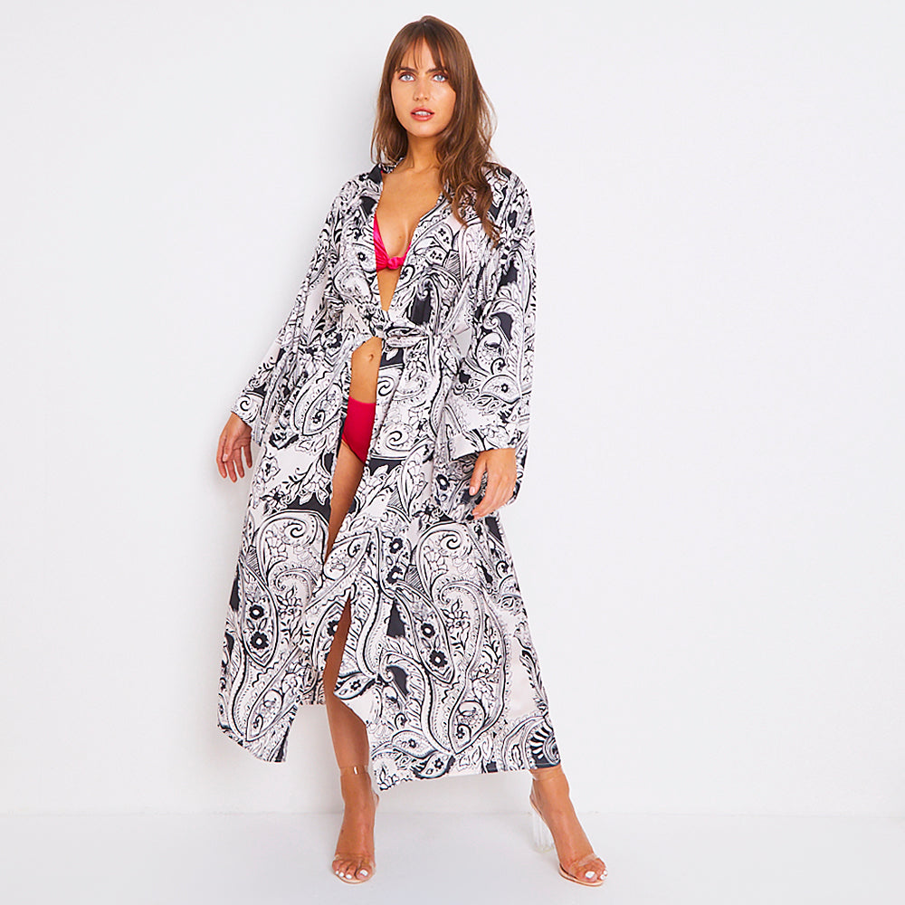 Kitten Beachwear Niko Maxi Kimono in Black Blush Paisley