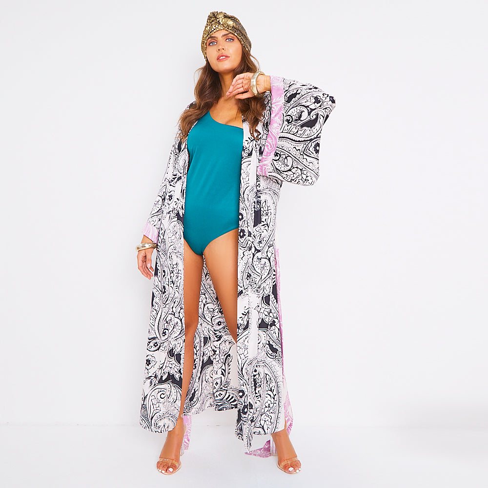 Kitten Beachwear Niko Maxi Kimono in Black Paisley with Pink