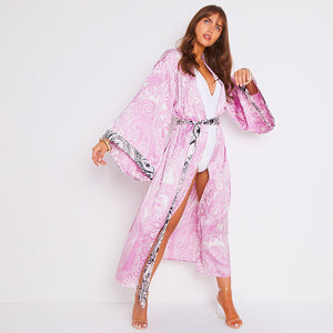 Kitten Beachwear Niko Maxi Kimono in Pink Paisley with Black