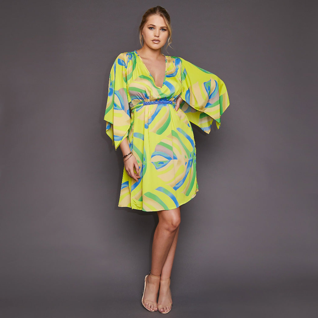 Roma Kimono Dress in Yellow Palm