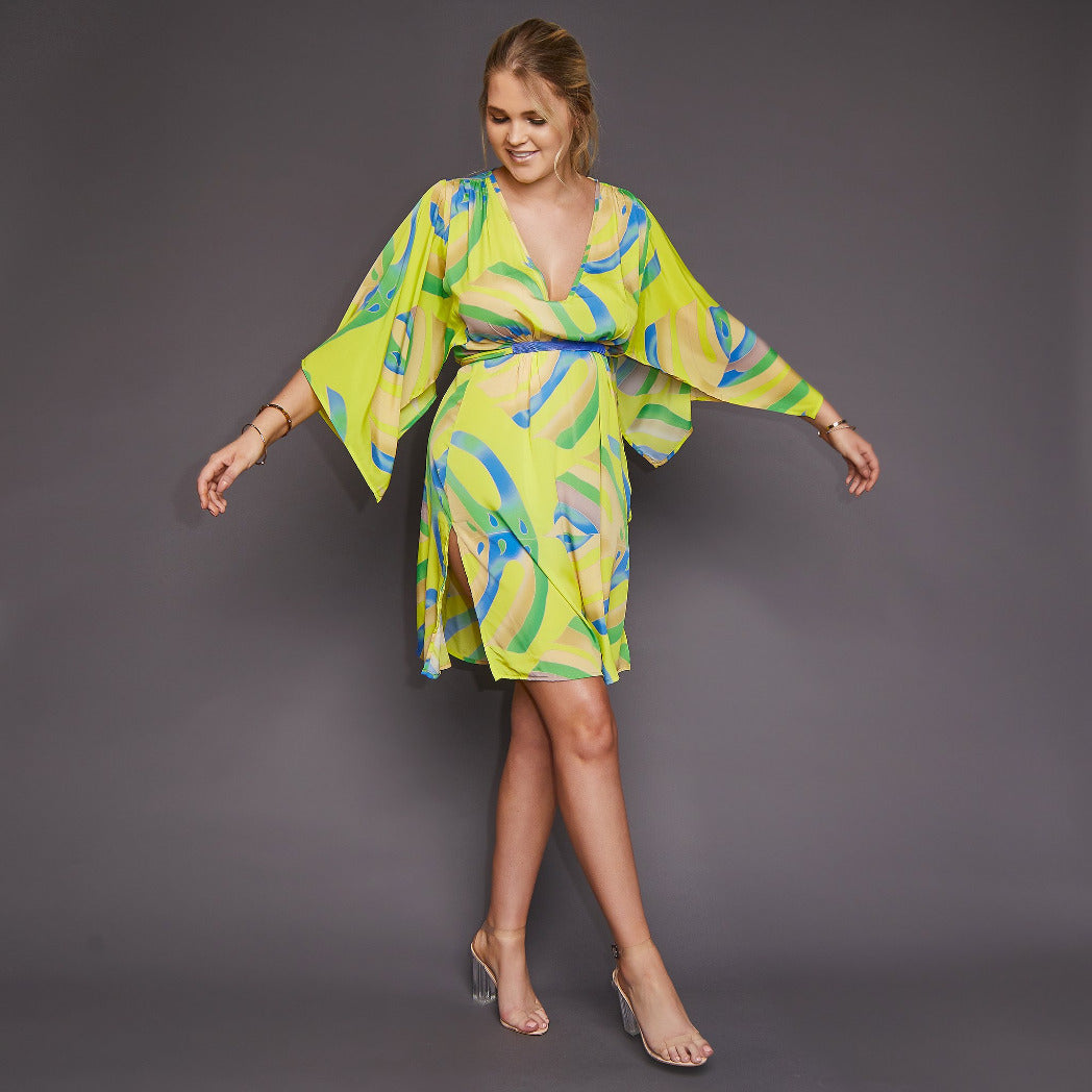 Roma Kimono Dress in Yellow Palm