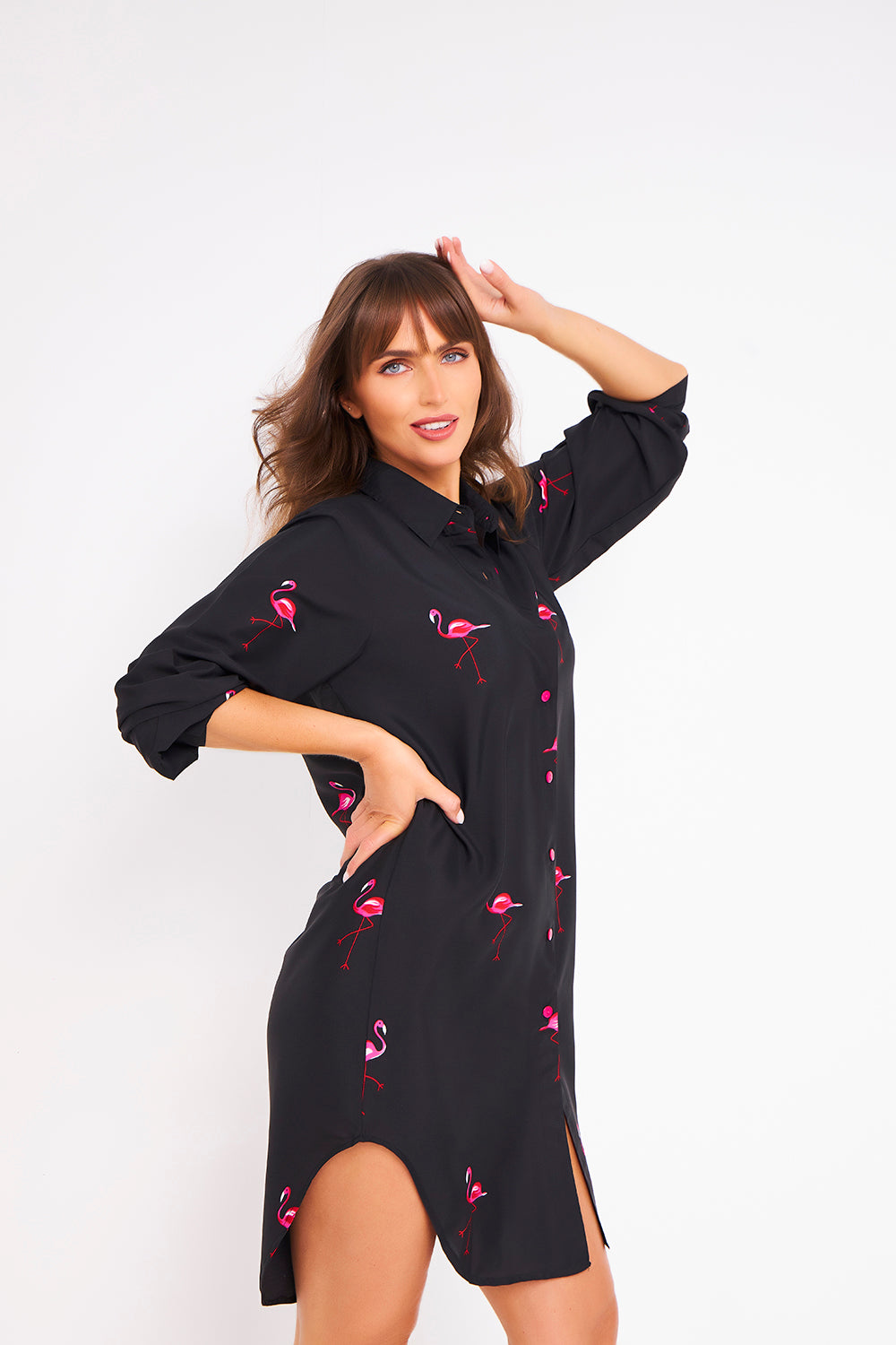 Kitten Beachwear Black Boyfriend Shirt in Flamingo