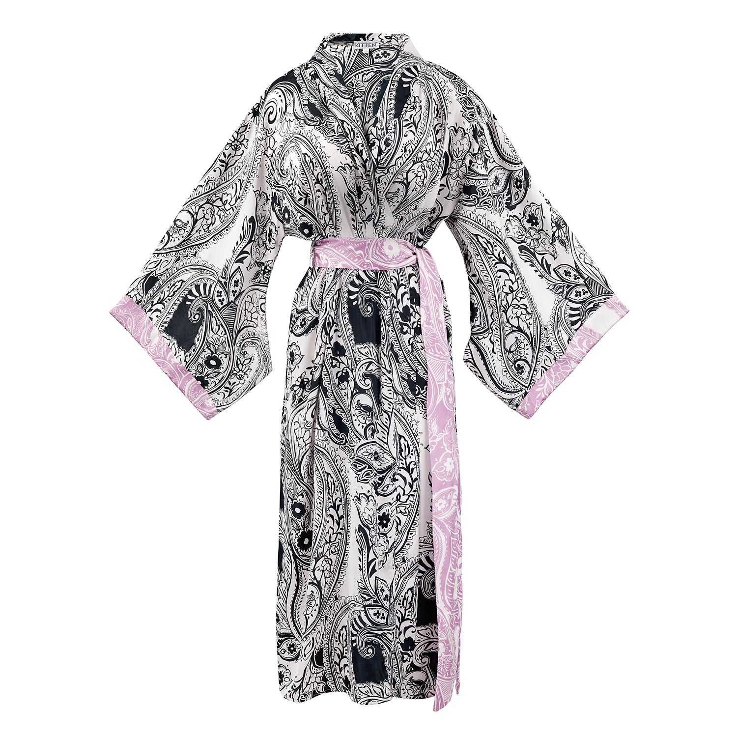 Kitten Beachwear Niko Maxi Kimono in Black Paisley with Pink
