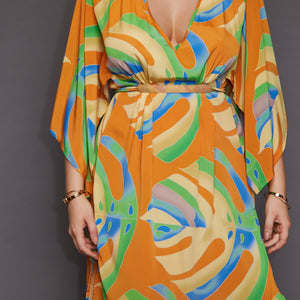 Roma Kimono Sleeve Dress in Orange Palm