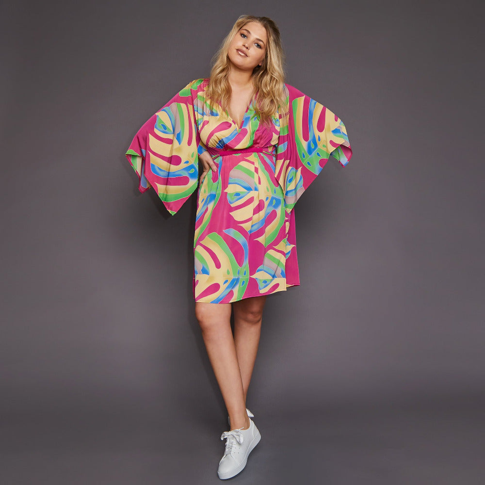 Roma Kimono Dress in Pink Palm
