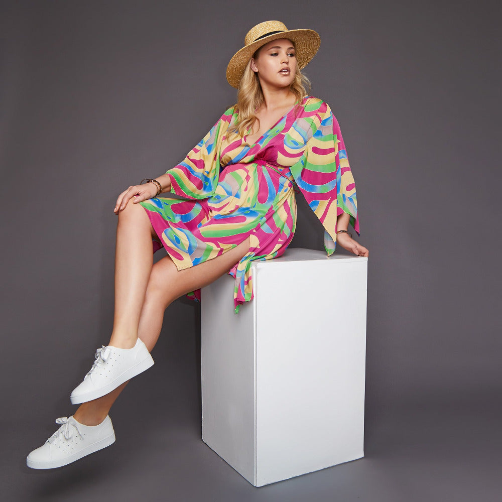 Roma Kimono Dress in Pink Palm