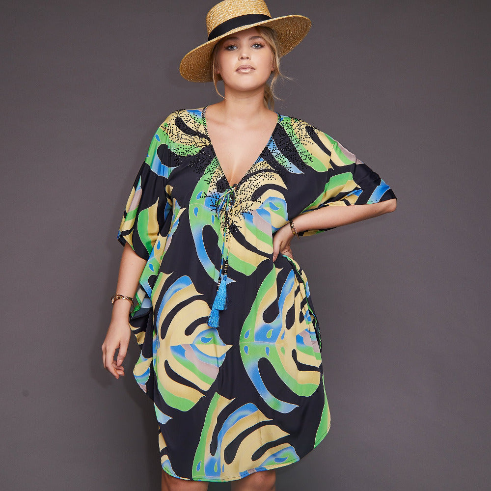 Kitten Beachwear Isla Kaftan in Black Palm Leaf