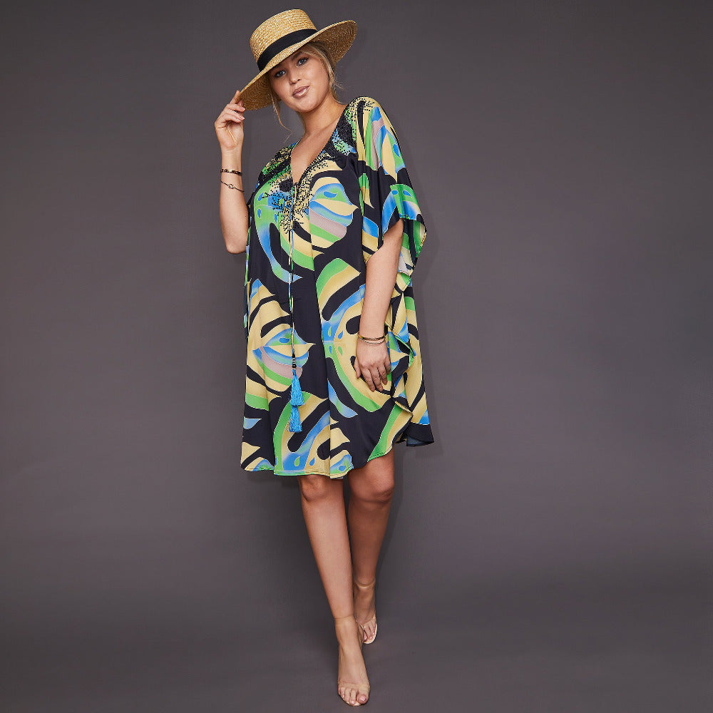 Kitten Beachwear Isla Kaftan in Black Palm Leaf