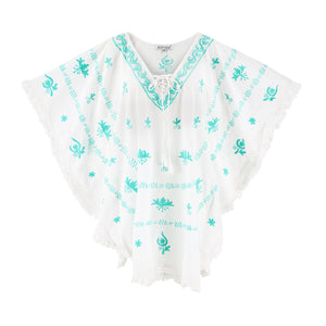 Mykonos Embroidered White Caftan with Turquoise