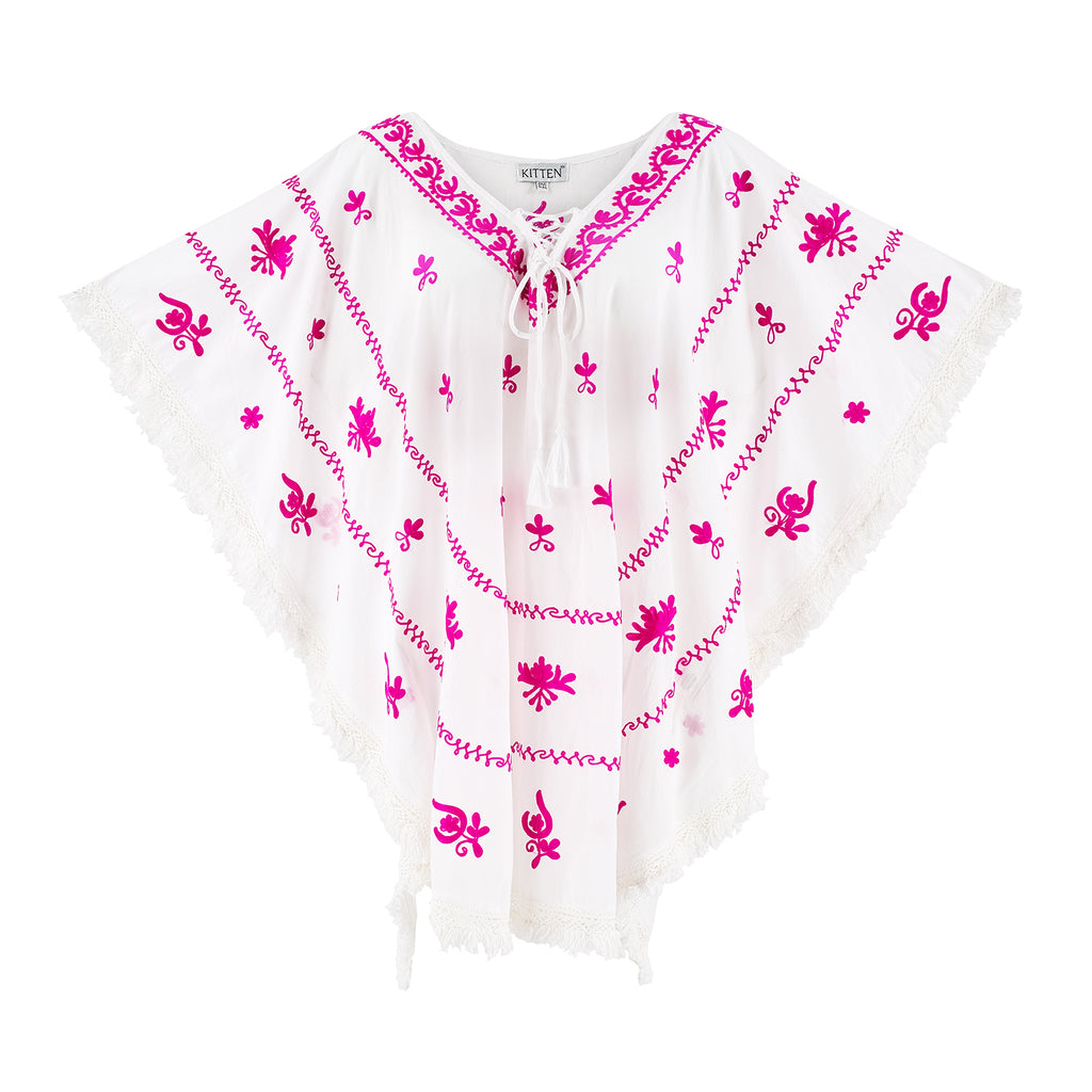 Mykonos Embroidered White Kaftan with Raspberry
