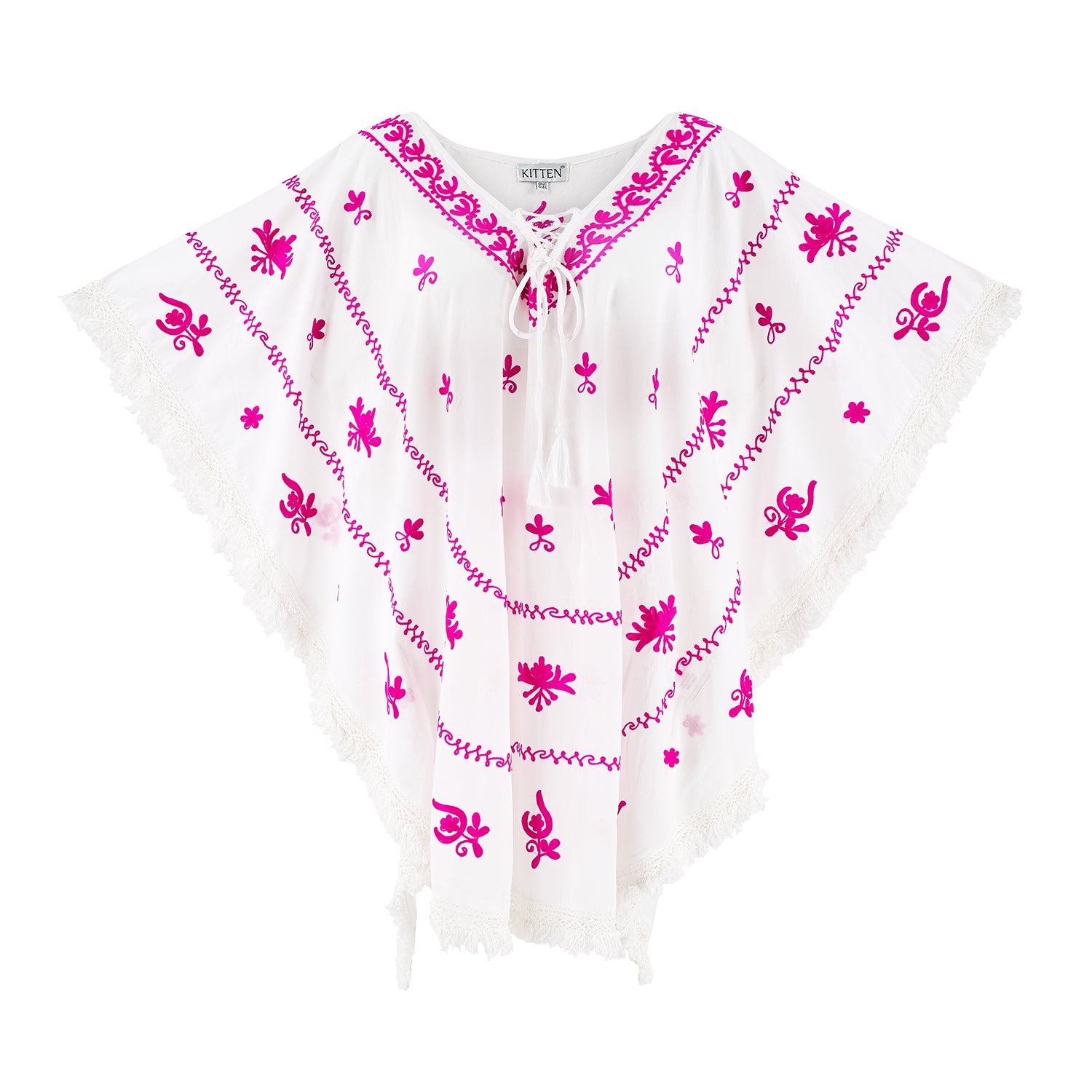 Mykonos Embroidered White Kaftan with Raspberry