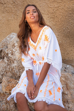 Mykonos Embroidered Kaftan in White / Orange