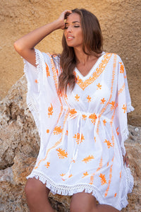 Mykonos Embroidered Kaftan in White / Orange