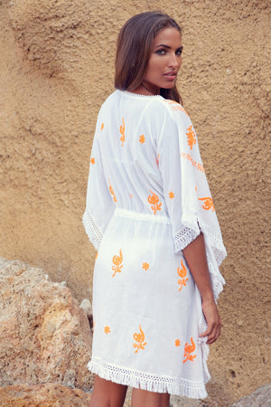 Mykonos Embroidered Kaftan in White / Orange