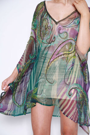 La Pelosa Deep V Paisley Printed Sequinned Kaftan