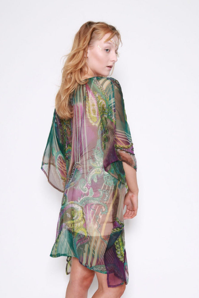 La Pelosa Deep V Paisley Printed Sequinned Kaftan