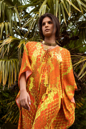 Kaa Tassel Maxi Kaftan in Orange Python