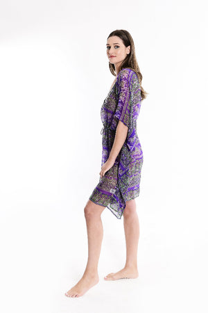 Holly Printed Purple Deep V Kaftan with tie waist and long sleeves
