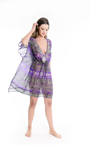 Holly Printed Purple Deep V Kaftan with tie waist and long sleeves