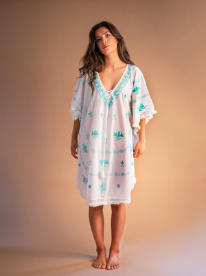 Mykonos Embroidered White Kaftan with Turquoise