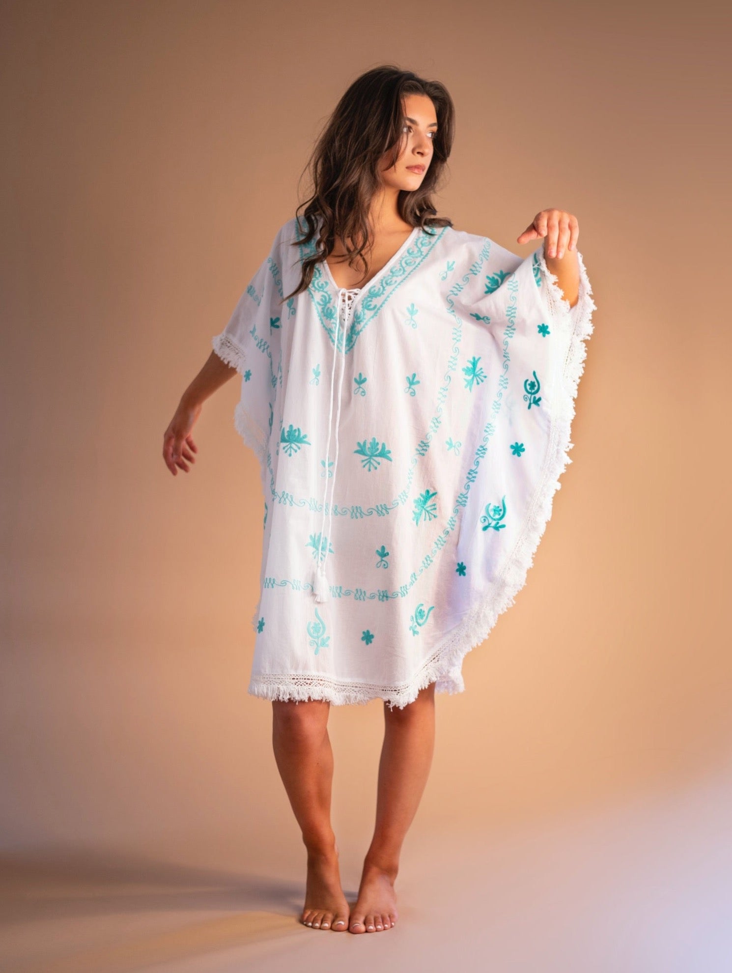 Mykonos Embroidered White Kaftan with Turquoise