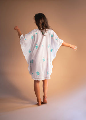 Mykonos Embroidered White Kaftan with Turquoise