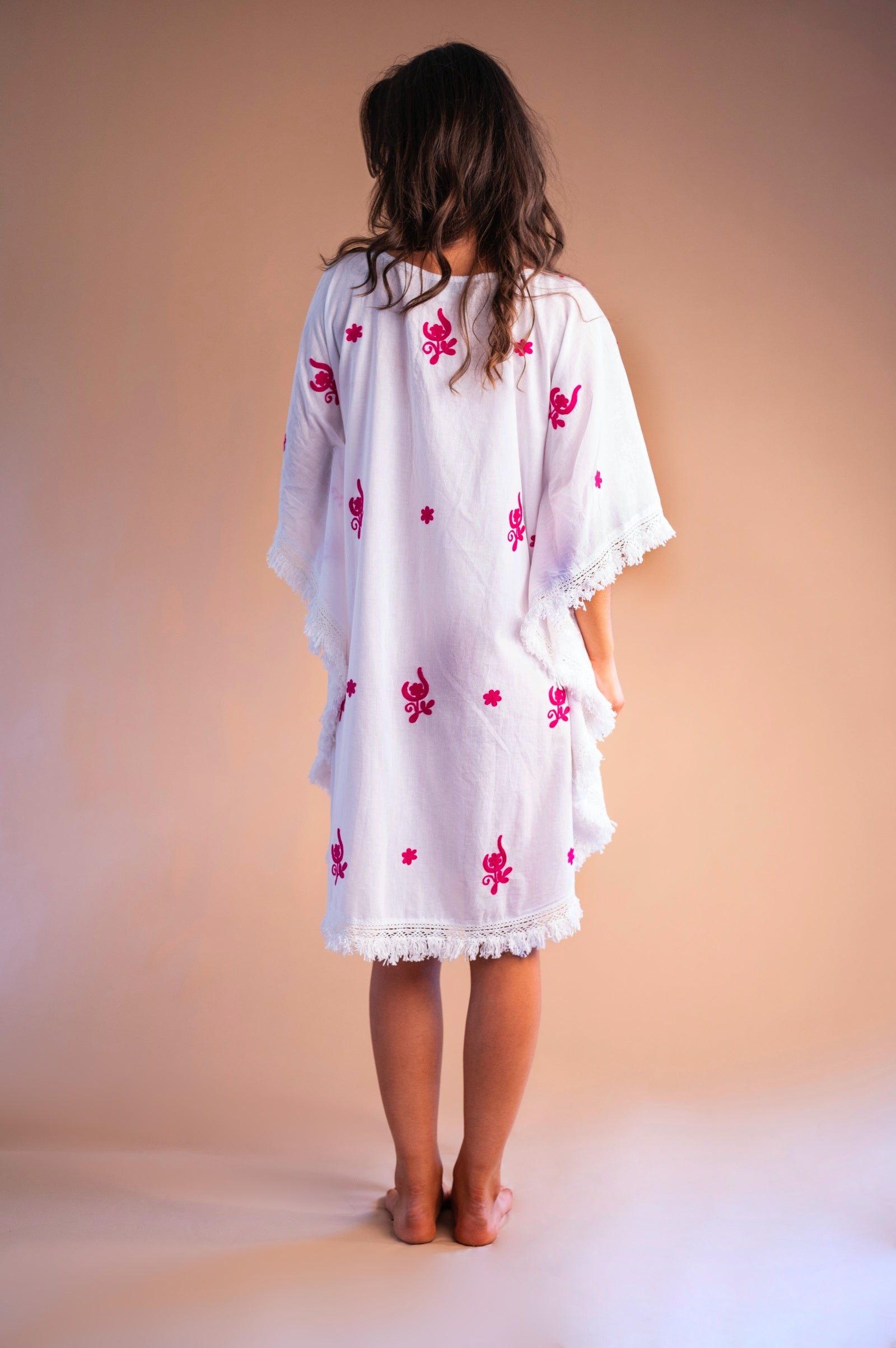 Mykonos Embroidered White Kaftan with Raspberry