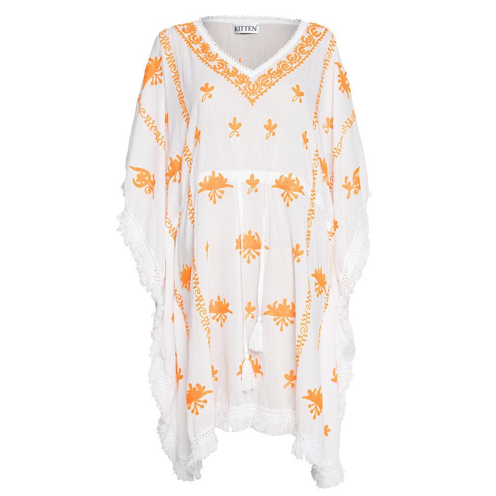 Mykonos Embroidered V-Neck Mini Kaftan in White with Orange