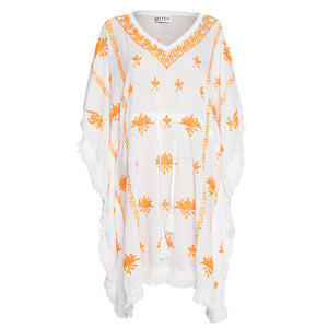 Mykonos Embroidered V-Neck Mini Kaftan in White with Orange