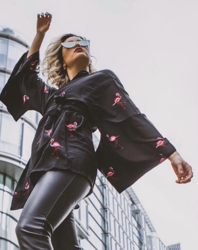 Rin Black Flamingo Kimono 
